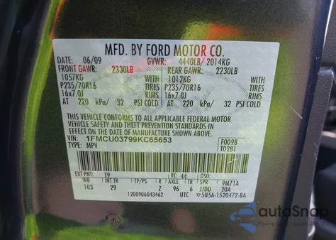 2009 Ford Escape Xlt from USA, damaged, VIN 1FMCU03799KC65653